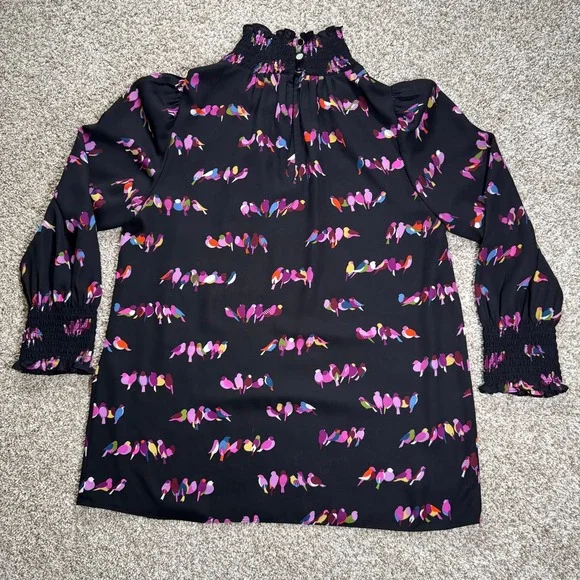 Kate Spade New York Womens Size S Bird Print Smocked High Neck Blouse Black - Picture 10 of 14